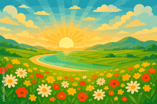 Vibrant sunrise over spring meadow with blooming daisies, red and yellow wildflowers, green fields, river, mountains, scenic landscape, paradise nature panorama, sunny sky