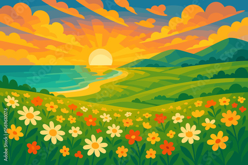 Vibrant sunrise over paradise beach with blooming daisies, colorful wildflowers, lush green meadows, rolling hills, and scenic spring landscape panorama illustration