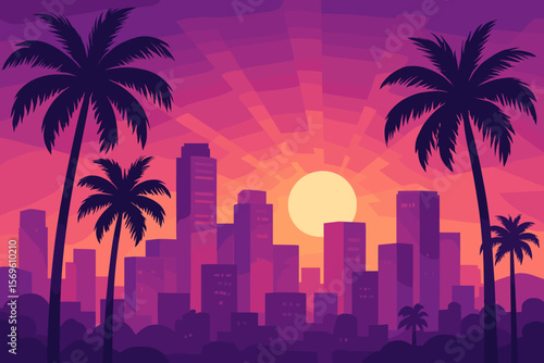 Vibrant cityscape with palm trees silhouette, modern skyscrapers, glowing sun, dramatic purple sunset sky, tropical urban skyline, summer evening, vector illustration