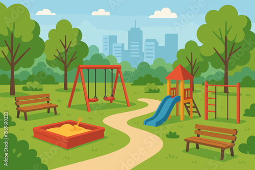 Urban city park playground vector. Modern children’s play area with swings, sandbox, slide, monkey bars, benches, trees, bushes, walking paths. Outdoor recreation landscape