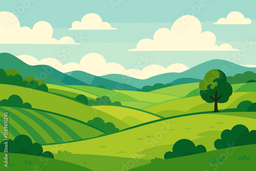 Idyllic green meadows and rolling fields landscape. Modern flat vector cartoon illustration. Sunny countryside hills, blue sky, fluffy clouds, single tree, nature scenery, rural farmland