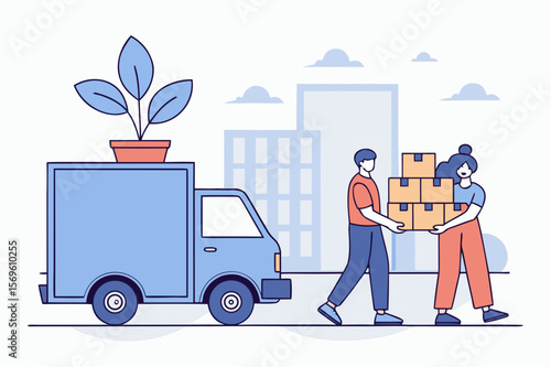 People unloading moving boxes from truck in city flat vector design