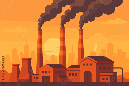 Industrial factory with smoking chimneys at sunset, urban skyline background, air pollution, environmental issues, modern flat vector illustration, city smog, power plant