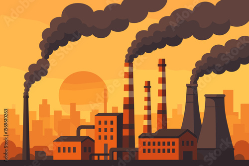 Industrial factory pollution at sunset. Smoke from chimneys and cooling towers. Urban skyline background. Air pollution, environmental issues, industrial emissions, cityscape vector illustration.