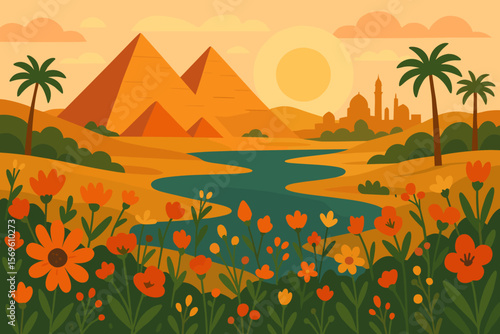 Vibrant Egyptian Landscape Vector. Summer Floral Field, Colorful Wildflowers, Nile River, Great Pyramids, Palm Trees, Ancient City Silhouette, Sunset Scenery, Travel Concept