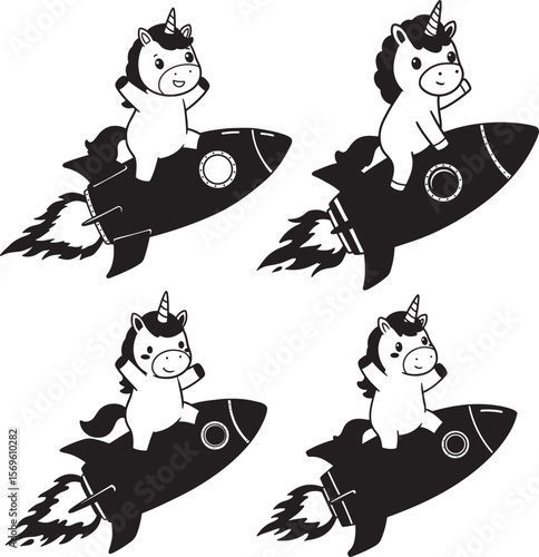 Unicorn Riding Rocket Cute Cartoon Character silhouette