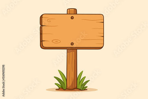 Blank wooden signpost cartoon vector. Empty wood board for text, advertising, message, notice, or direction. Rustic signage with grass. Flat illustration for design, banner, template.