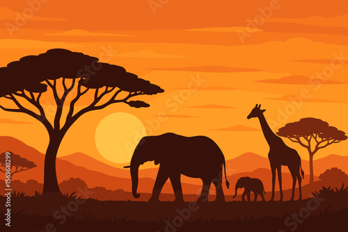 African safari sunset landscape with wild animal silhouettes. Elephant family and giraffe in savanna with acacia trees. Africa nature travel tourism vector flat cartoon background.