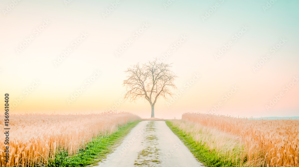 Fototapeta premium Golden light bathes a lone tree in a vast field, where a winding road disappears into the scenic horizon under a beautiful sunset sky