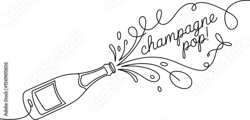Champagne Pop Bottle Line Drawing, Festive Celebration Splash Art.

