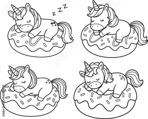 Unicorn Sleeping On Donut Cartoon Character silhouette