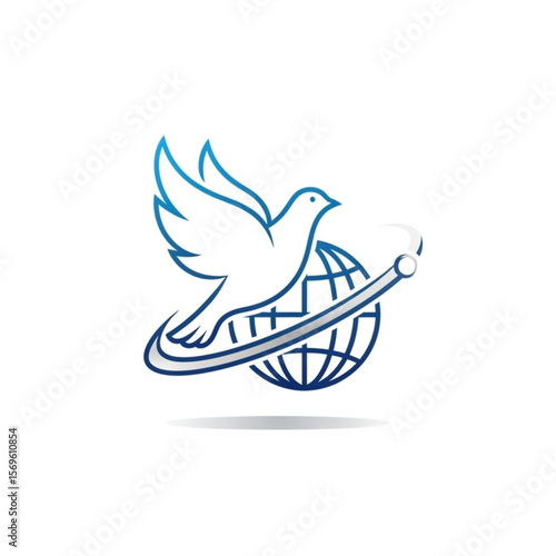 A stylized dove in flight encircling a globe, representing global peace and unity.