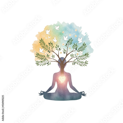 Serene woman meditating, symbolized by a vibrant tree of life growing from her head, radiating peace and inner light.