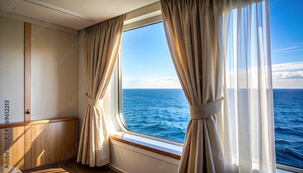 Fototapeta premium Cozy cabin interior with ocean view through large window, sunlight illuminating curtains