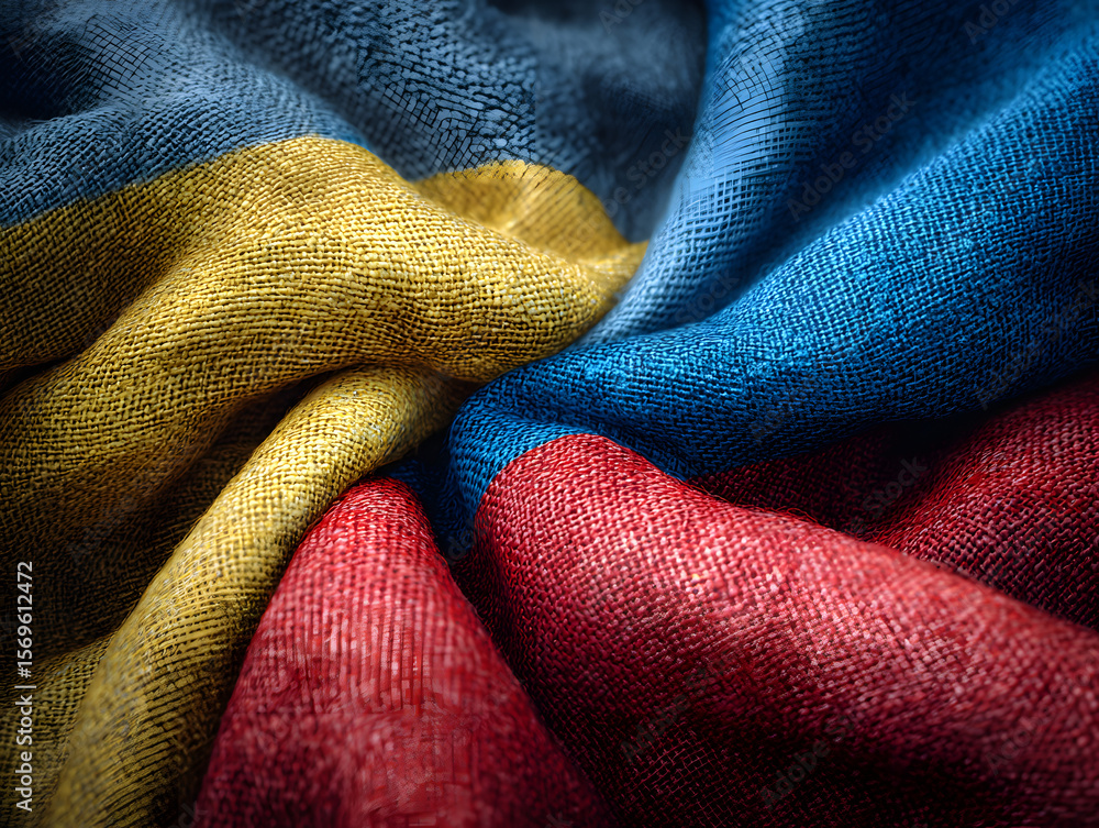 Fototapeta premium Close-up fabric textures of Ukrainian and Russian flags seamlessly transition in a patriotic, looping animation.