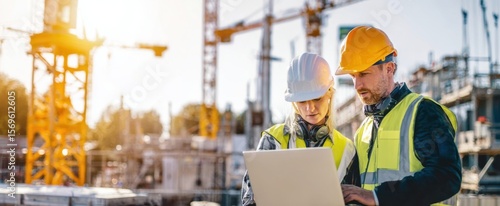 The construction professionals collaborating on a project using a laptop outdoors.