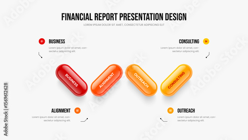 Financial Growth 4 Option Infographic Presentation Layout. Creative Plan Four Element Diagram Slide Design. Product Visualization Frame Template Vector Illustration.