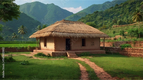 Traditional Straw House in a village surrounded by mountains & trees, home made of mud & cow dung with a large garden