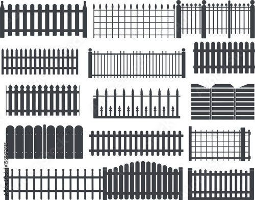 Set of decorative fence illustrations, metal and wooden gate vector collection, garden boundary, privacy security, property design elements, silhouettes