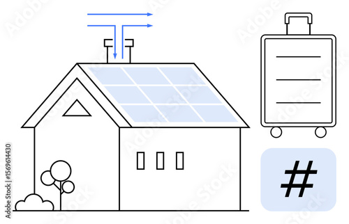 Solar-panel house with flow arrows, portable battery suitcase, and metadata tag symbol. Ideal for renewable energy, green living, modern technology, energy storage, innovation, future home simple