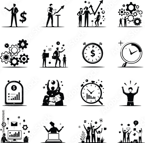 Business growth strategy icons success management teamwork finance time planning productivity development progress 100