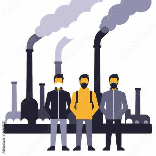 Air Pollution Illustration-Masked People Near Factories-Environmental Health Concerns-Industrial Pollution and Respiratory Protection-Breathing Clean Air Advocacy