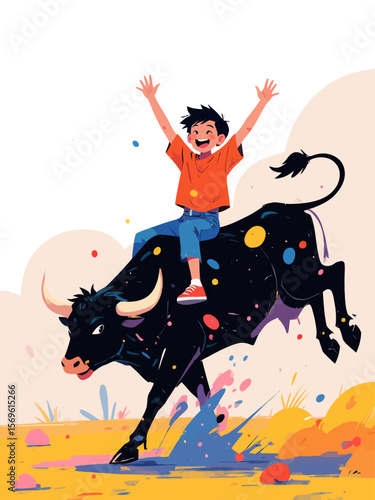  A joyful boy riding a mechanical bull with raised arms