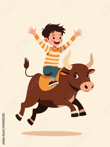  A joyful boy riding a mechanical bull with raised arms