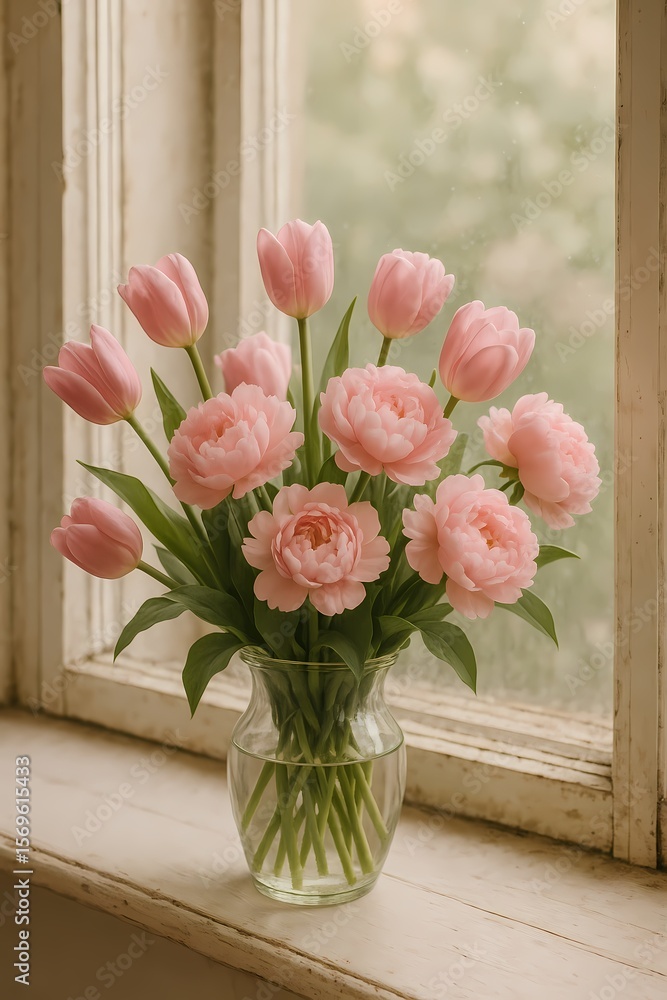 Beautiful bouquet of pink tulips and peonies on a windowsill in soft natural light Beautiful bouquet of pink tulips and peonies on a windowsill in soft natural light