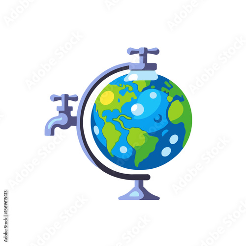 Earth Globe with Water Taps-Conserving Earths Water-Promoting Sustainable Water Use-Illustration of Earth in need of Water Conservation-Water crisis concept