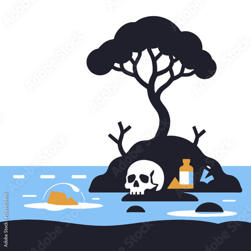 Environmental Pollution Illustration - Dead Tree- Skull- Toxic Waste in Water - Global Warming and its Devastating Consequences- Climate Change Visual Metaphor