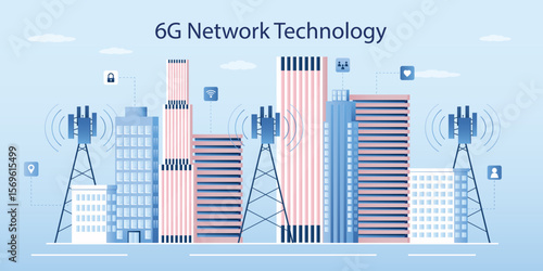 6g base station in smart city. Mobile data towers as innovative technology, telecommunication antennas and signal, cellular equipment. 6g technology and communication concept.