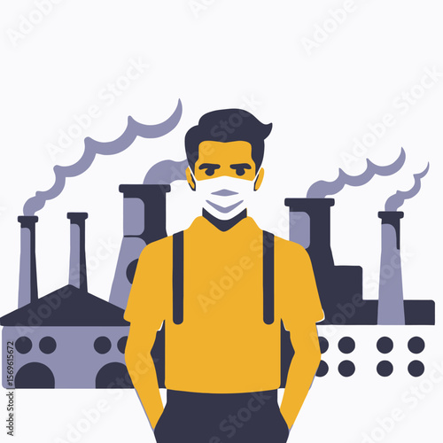 Factory Worker Wearing Mask Illustration - Air Pollution and Health Concerns - Workplace Safety during Pandemic - Industrial Pollution Concept