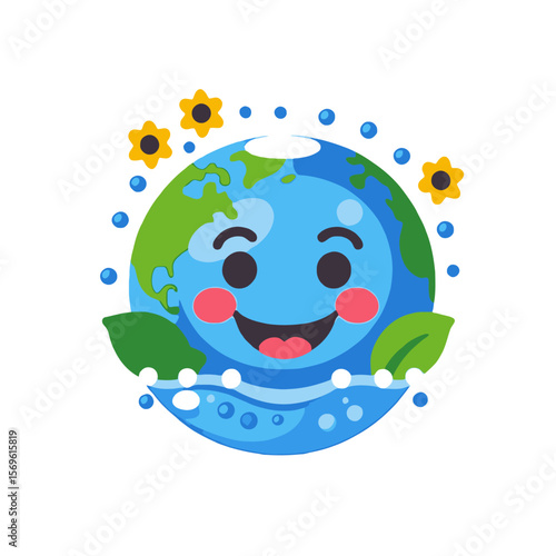 Happy Earth Day Illustration-Cute Globe Cartoon with Flowers-Celebrating Environmental Awareness and Sustainability-Promoting Eco-Friendly Practices
