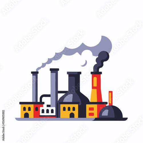Industrial Factory Illustration-Vector Graphic of Manufacturing Plant with Smoke Stacks-Depicts Environmental Impact and Industrial Production-Modern Design