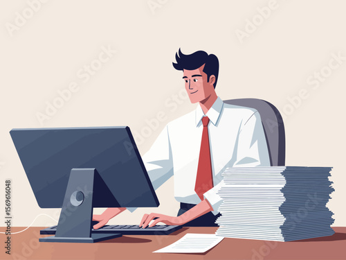 Busy businessman working on computer with pile of papers