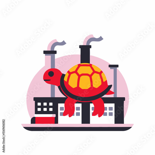 Pollution and Wildlife Illustration- Cartoon Turtle on Factory- Environmental Impact Concept- Climate Change Awareness- Endangered Species Depiction