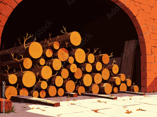 Close up top up of stack of firewood organized in sunlight