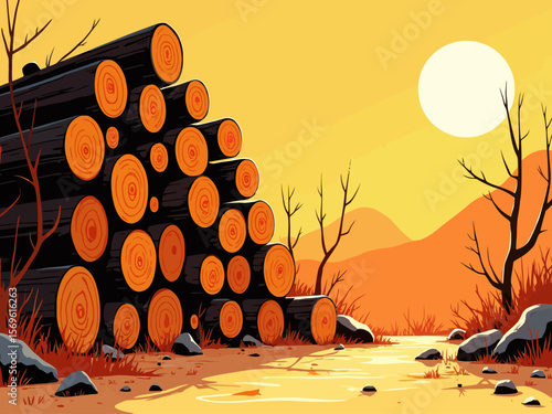 Close up top up of stack of firewood organized in sunlight