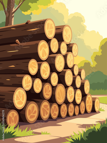 Close up top up of stack of firewood organized in sunlight