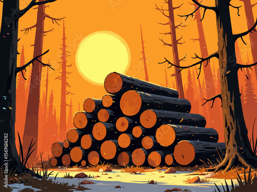 Close up top up of stack of firewood organized in sunlight