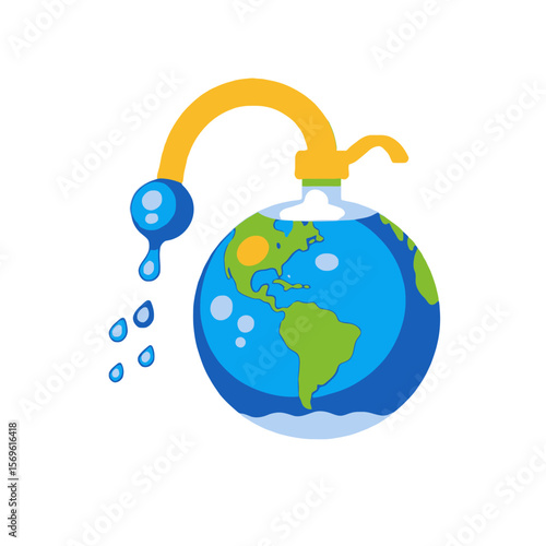 Save Water Save Earth-Water Conservation Graphic-Protecting Earth's Resources-Earth with Faucet and Dripping Water-Environmental Awareness Illustration