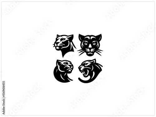  Stylized panther head logos, perfect for branding or design projects.  This graphic features four distinct, black-and-white panther head logos, suitable for various design purposes. 