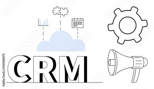 CRM text complemented by cloud, gear, graph, calendar, puzzle piece, and megaphone elements. Ideal for management, integration analytics marketing teamwork business operations strategy. Flat