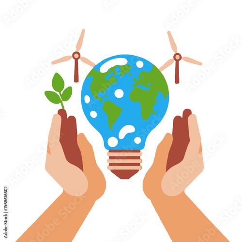 Sustainable Energy Solutions-Hands Holding Earth Bulb-Wind Turbines-Green Leaf-Eco-Friendly Power-Renewable Resources-Environmental Conservation-Future of Energy