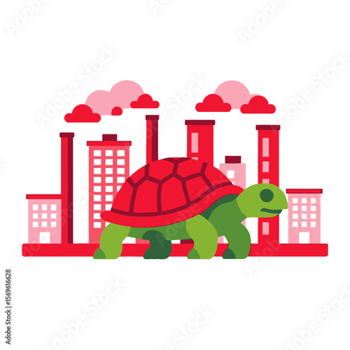 Turtle in a Cityscape Illustration- Environmental Pollution Concept- Slow Progress in Urban Areas- Cartoon Turtle with Factories- City and Wildlife Balance