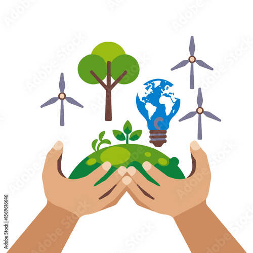 Sustainable World-Hands Holding Earth-Tree-Wind Turbines-Globe Bulb for Eco-Friendly Energy-Green Initiatives-Renewable Resources-Environmental Protection-Climate Change Solutions
