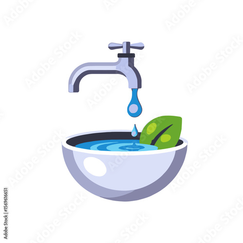 Water Conservation Illustration-Saving Water for a Greener Future-Sustainable Water Use-Water Tap with Bowl and Leaf-Eco Friendly Water Management-Water droping from tap