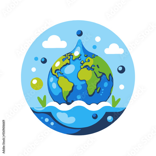 Water Drop Earth Illustration-Save Water Concept-World Environment Day-Ecology-Sustainability-Planet Earth Conservation-Clean Water-Water Resources
