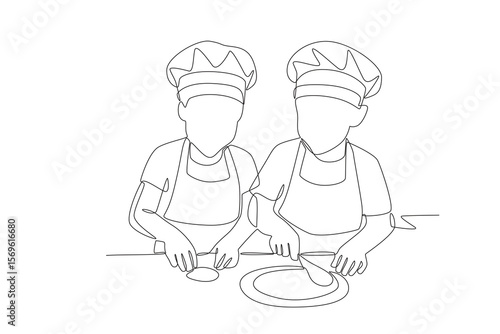 Two boys learning to cook. Cooking classes concept one-line drawing